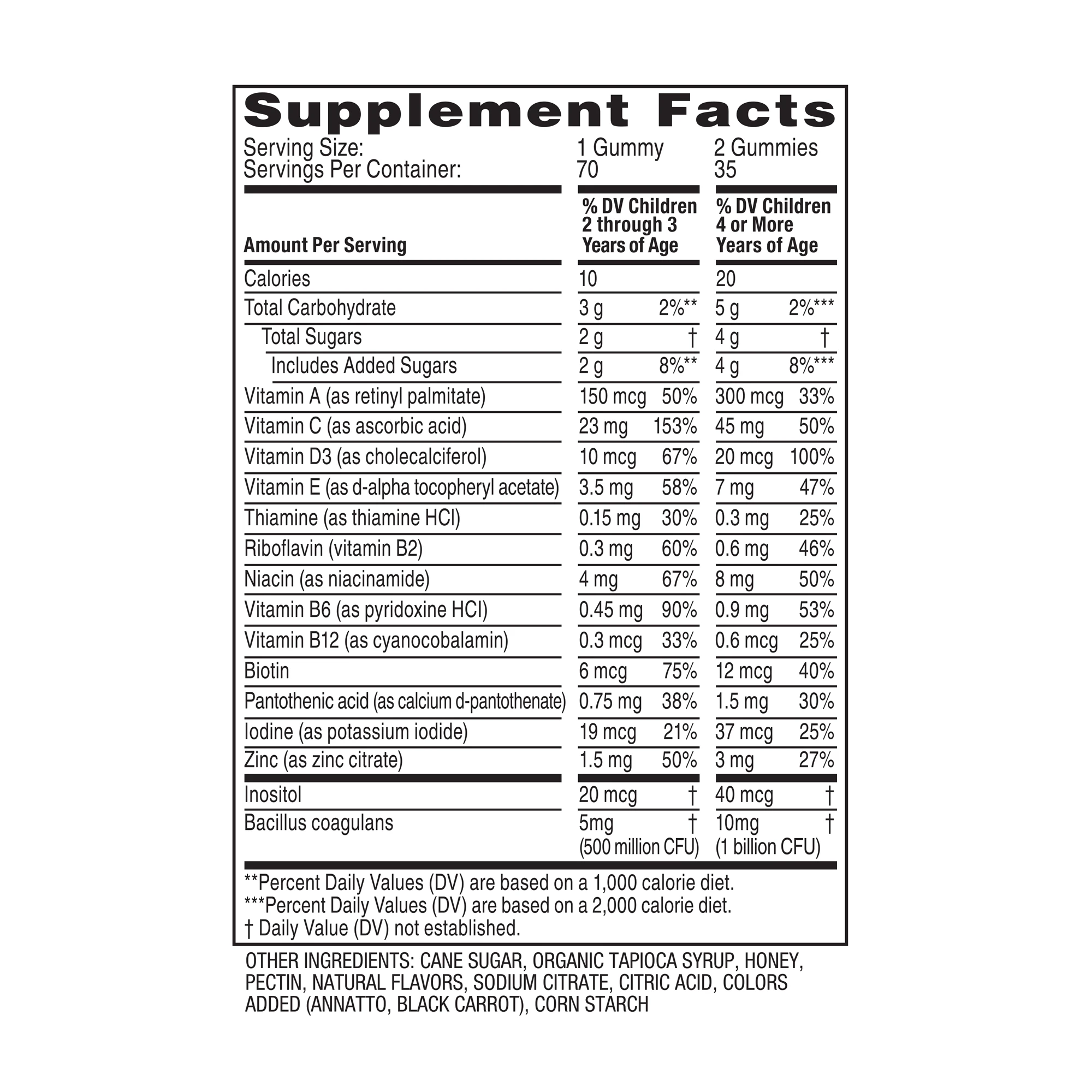 Zarbee’s® Children’s Complete Multivitamin + Probiotic Nutrition Label