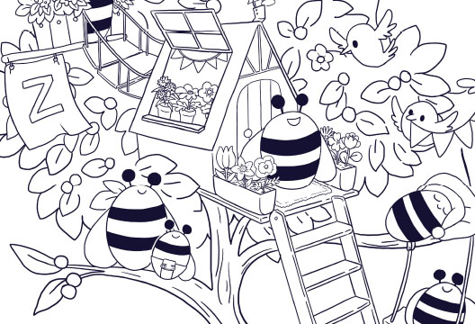 Black & white cartoon of bees & birds to be used as a coloring activity for toddlers & kids