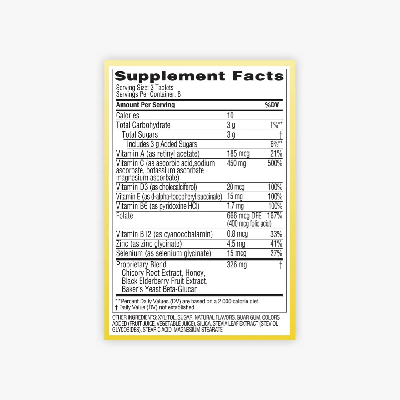 Zarbee’s® Elderberry + Honey Total Immune Support* Chewable Nutrition Label