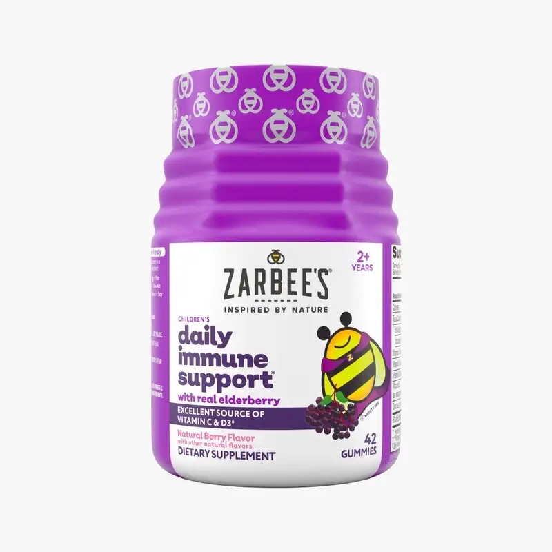 Front packaging of Zarbee’s® Children’s Elderberry Immune Support* with real Elderberry in natural berry flavor