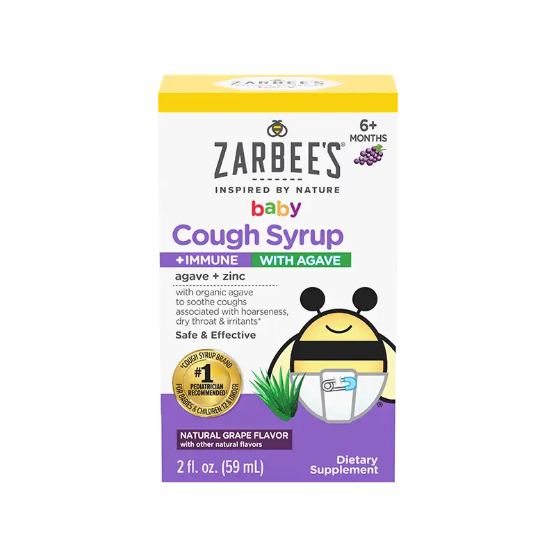 Front packaging of Zarbee’s® Inspired by Nature Baby Cough Syrup + Immune with Agave in natural grape flavor