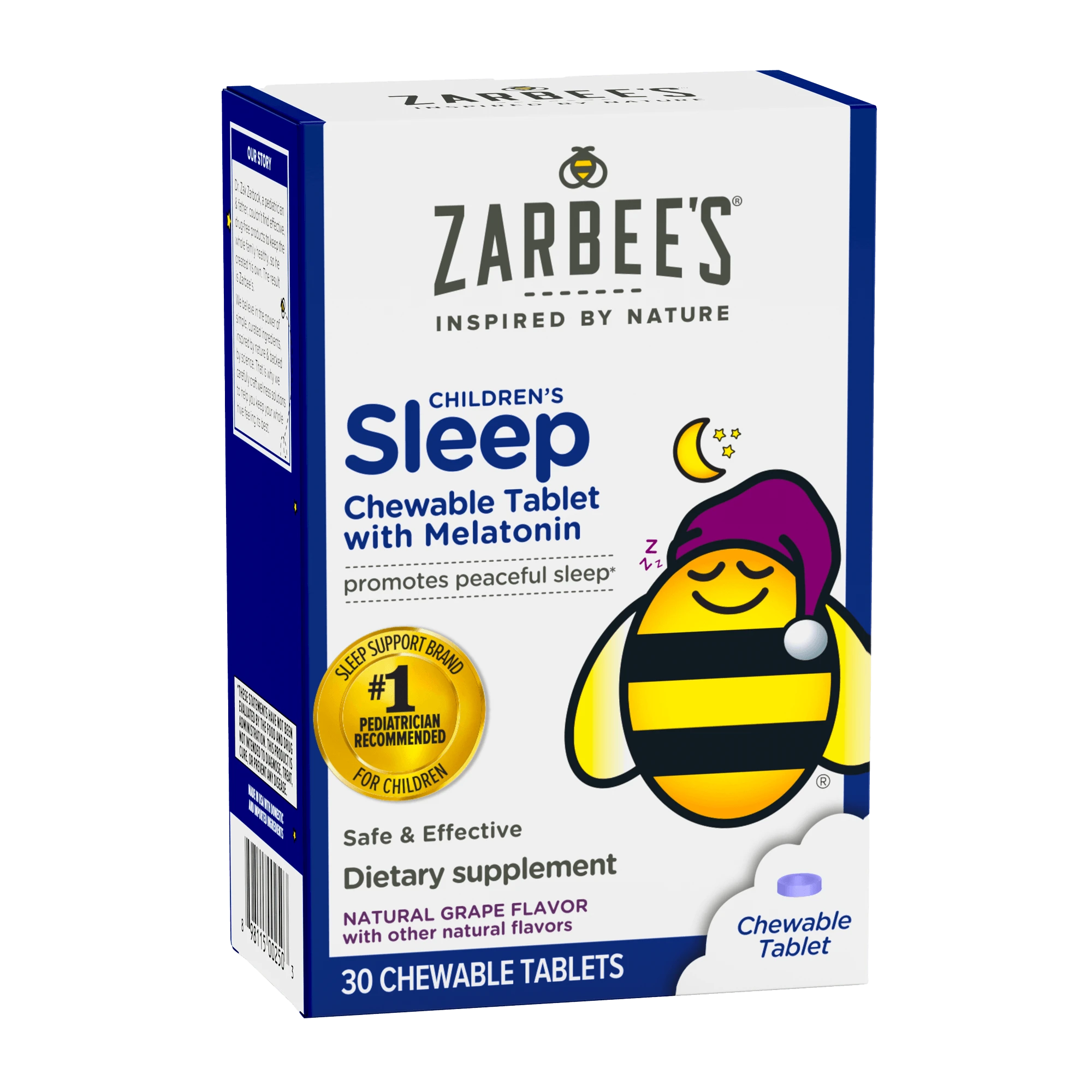 A rendering of the packaging for Zarbee’s® Children's Sleep Chewable Tablet with Melatonin in natural grape flavor