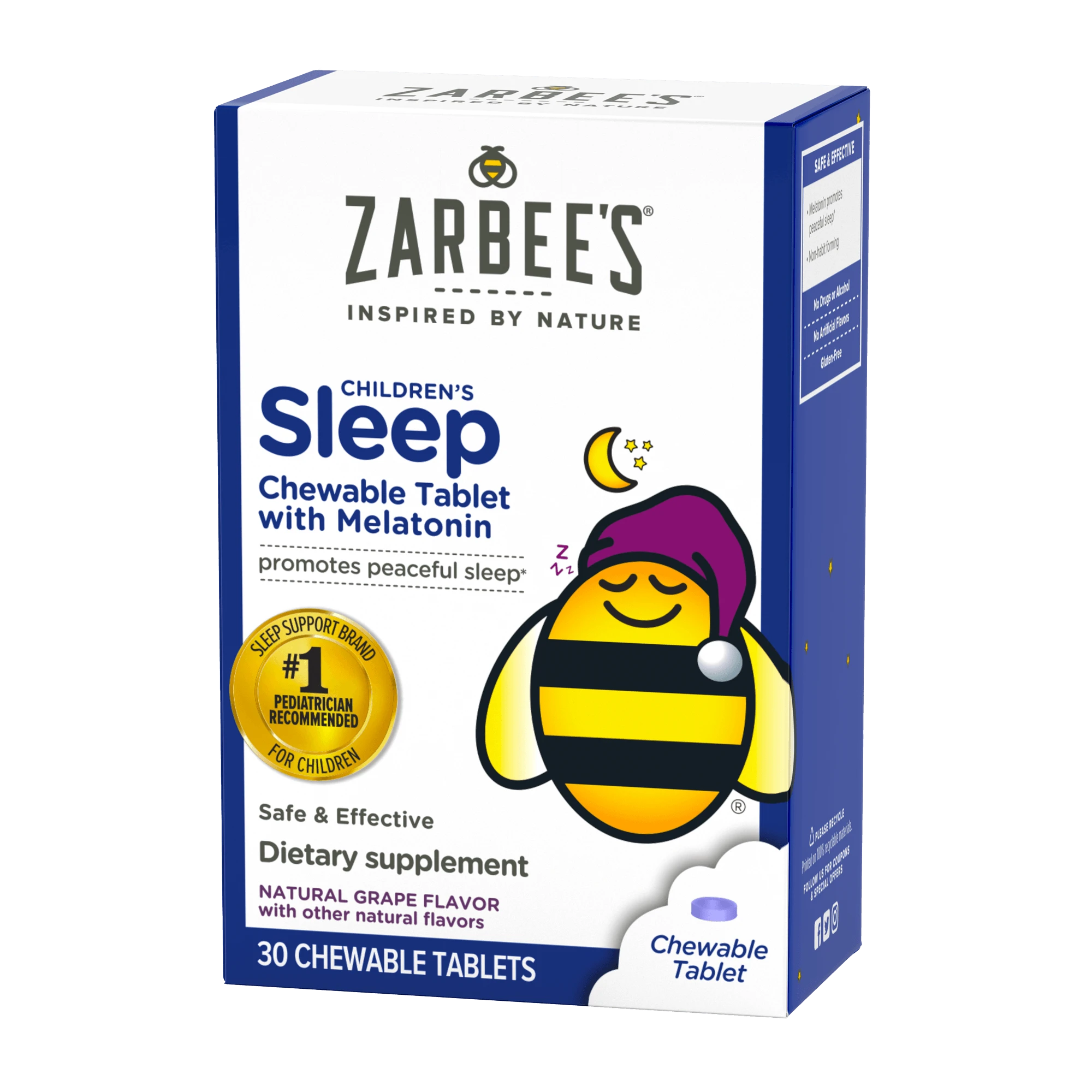 A rendering of the packaging for Zarbee’s® Children's Sleep Chewable Tablet with Melatonin in natural grape flavor
