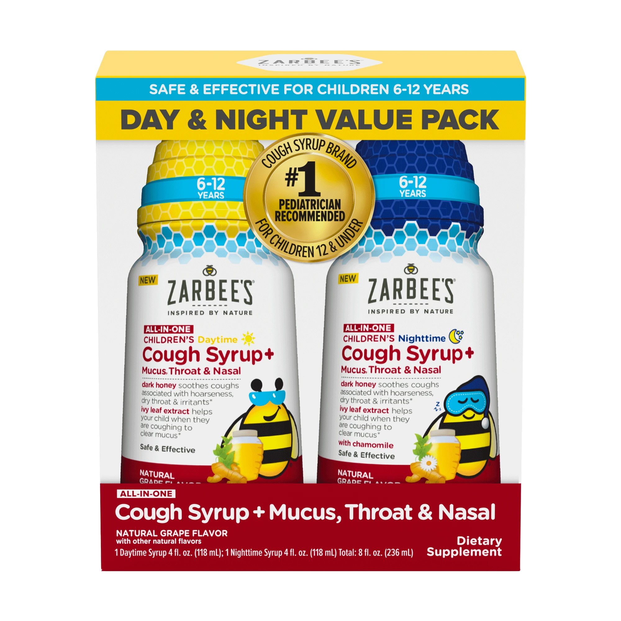 Front packaging of Zarbee’s® Kid's Cough All-In-One Day/Night