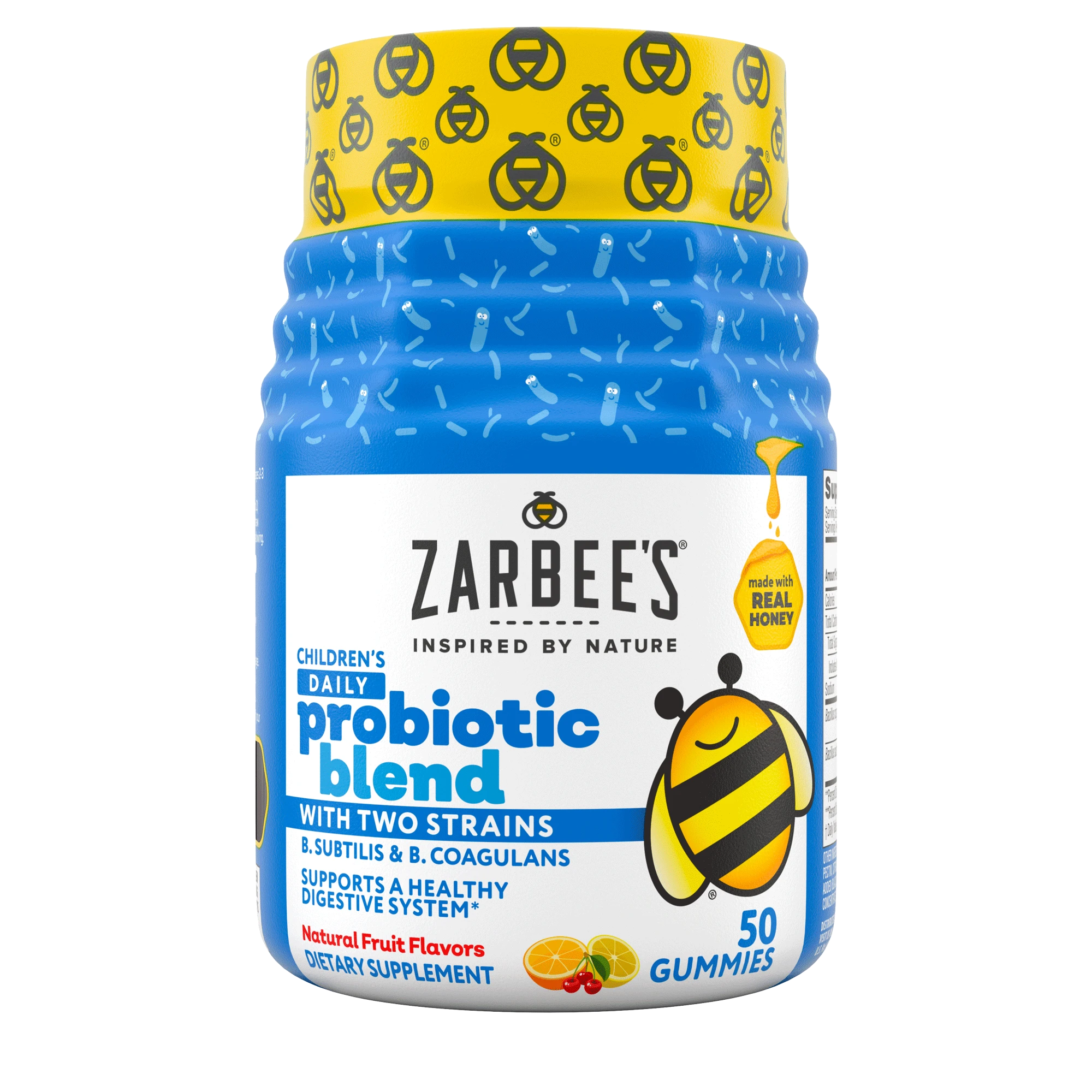 Front packaging of Zarbee’s® Children's Daily Probiotic Blend Gummies in natural fruit flavors