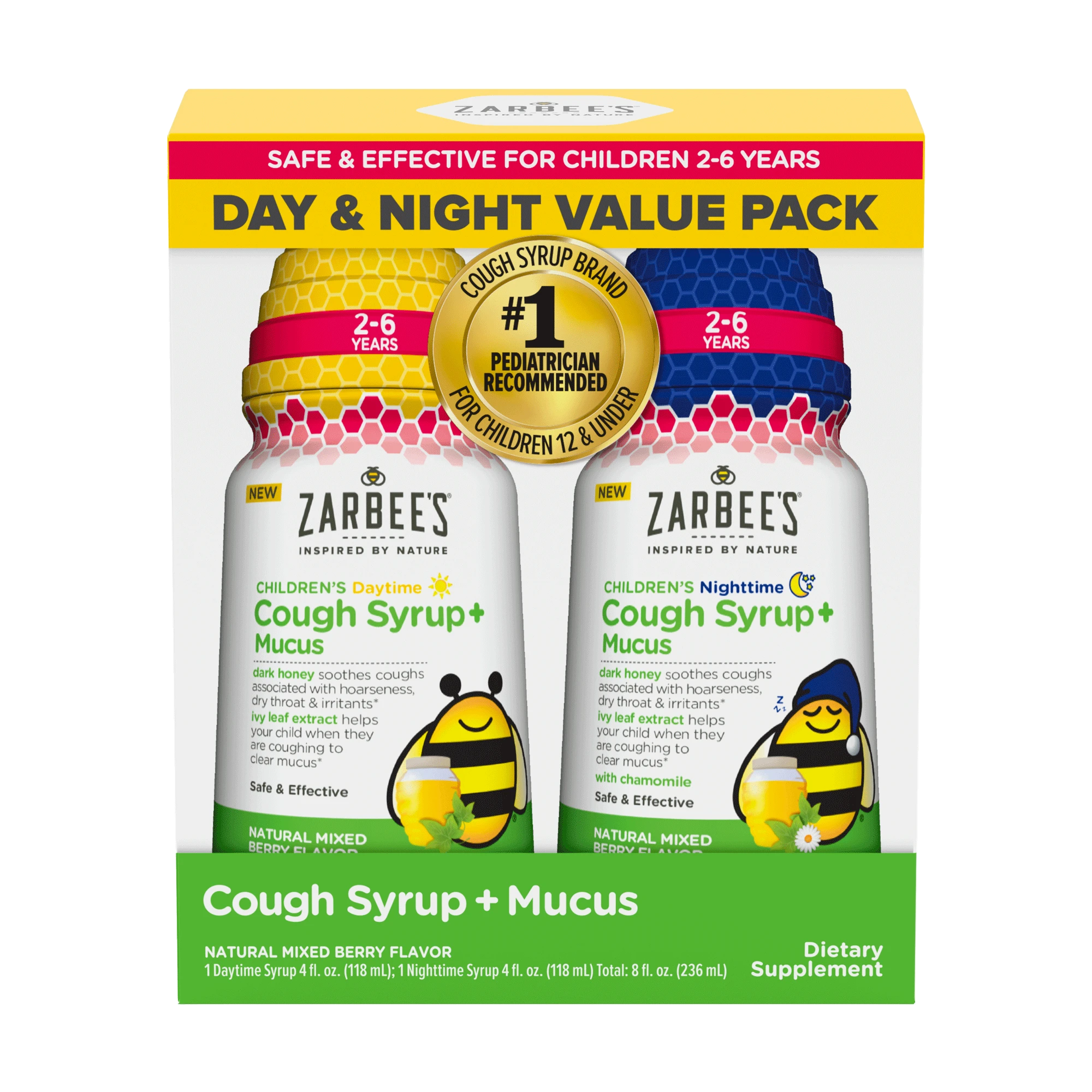 Front packaging of Zarbee’s® Kid's Cough + Mucus Day/Night
