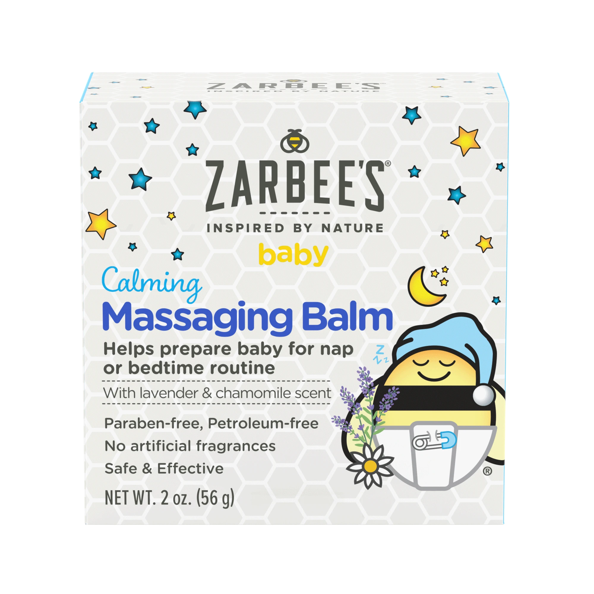 Front packaging of Zarbee’s® Baby Calming Massaging Balm with lavender and chamomile scent