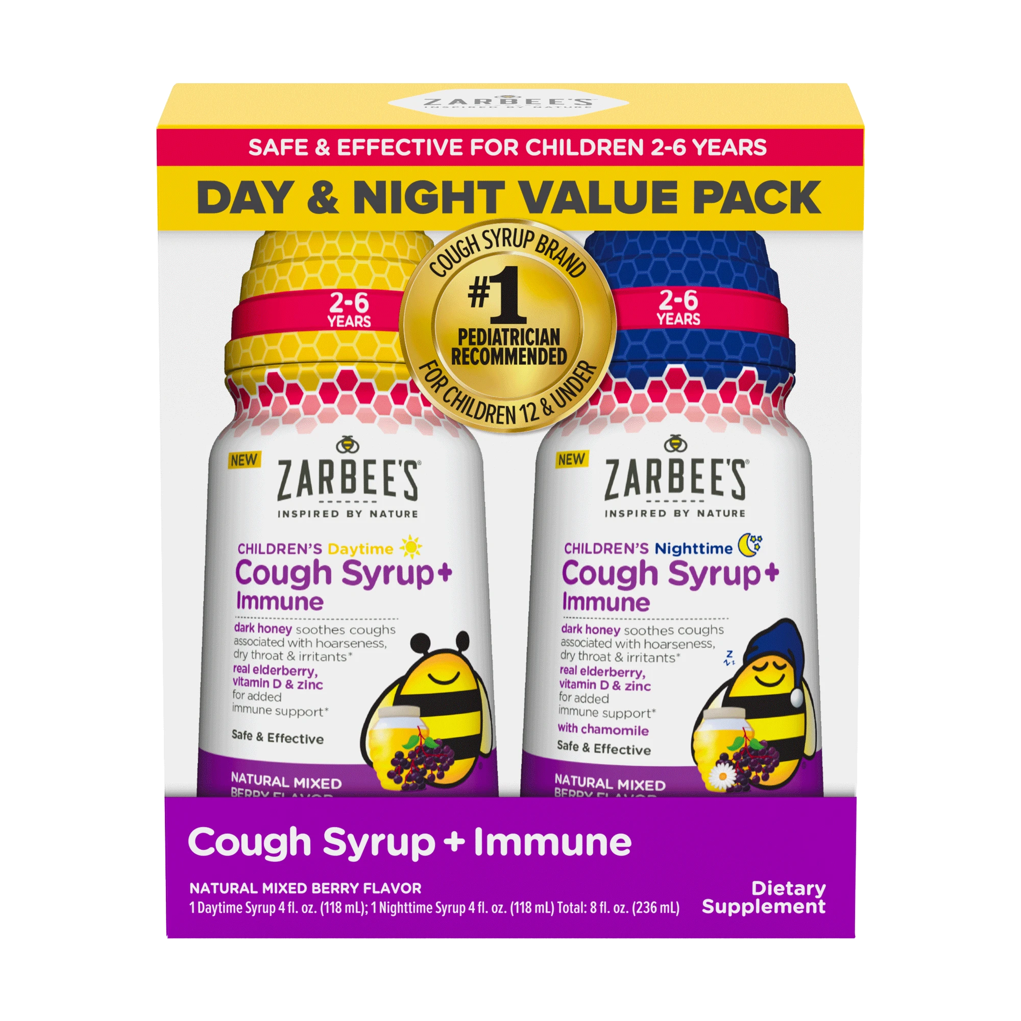 Front packaging of Zarbee’s® Kid's Cough Syrup + Immune Day/ Night Value Pack