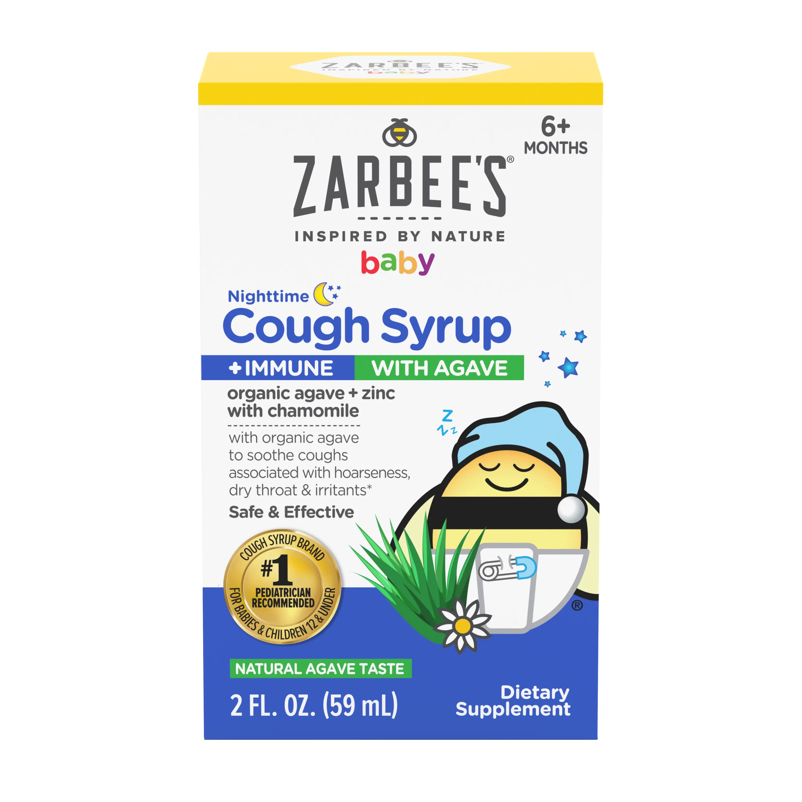 A rendering of the packaging for Zarbee's Baby Nighttime Cough Syrup + Immune with Organic Agave
