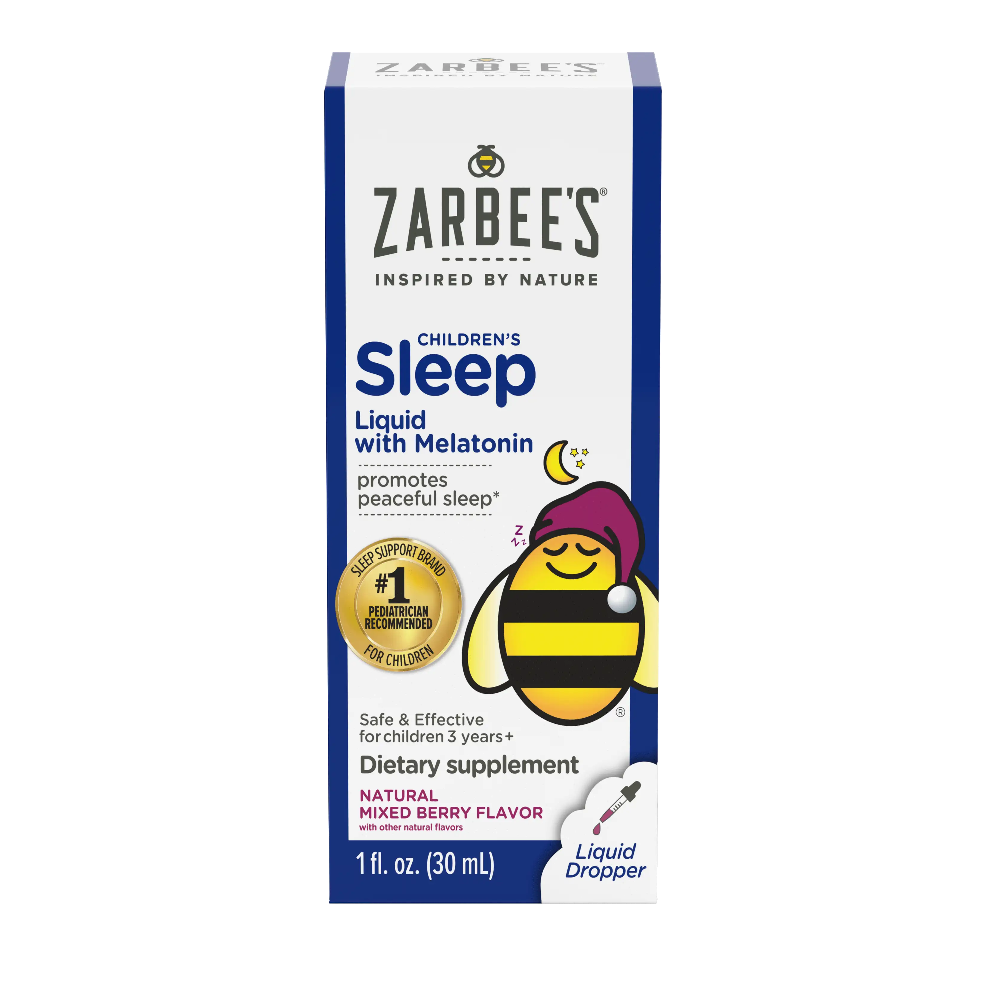 Front packaging of Zarbee’s® Children’s Sleep Liquid with Melatonin in natural mixed berry flavor