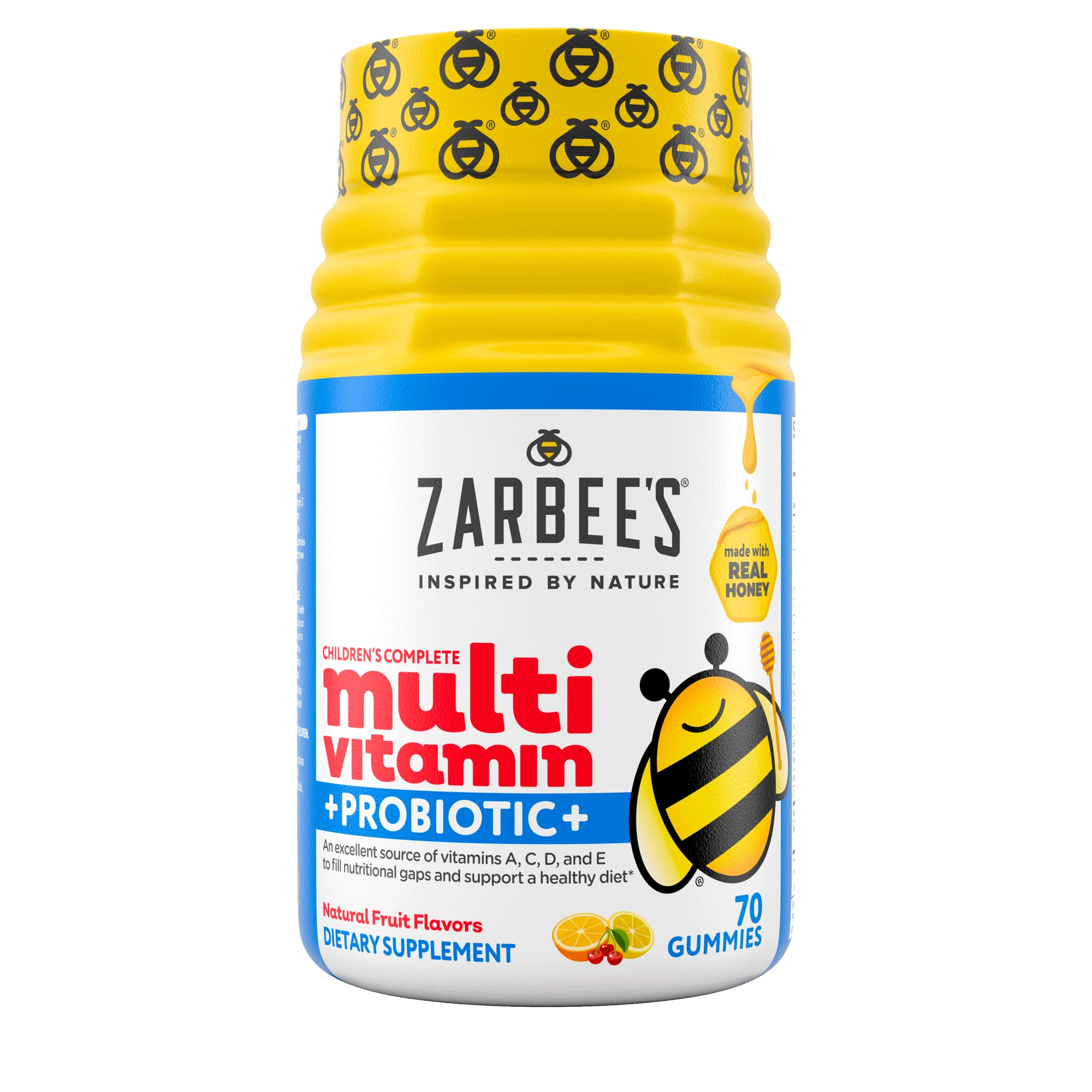 Front packaging of Zarbee’s® Children’s Complete Multivitamin + Probiotic in natural fruit flavor