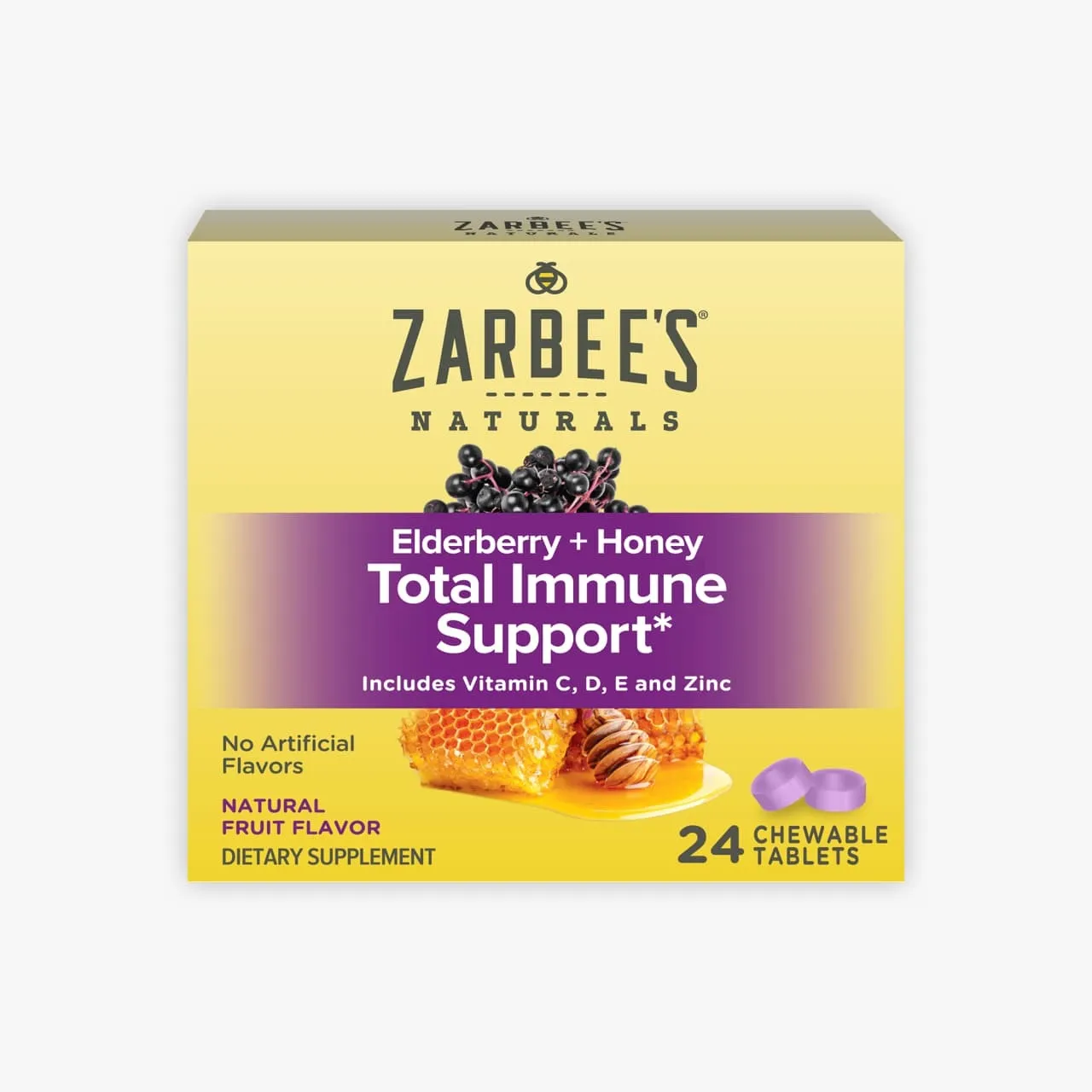 Front packaging of Zarbee’s® Elderberry + Honey Total Immune Support* Chewable in natural fruit flavor