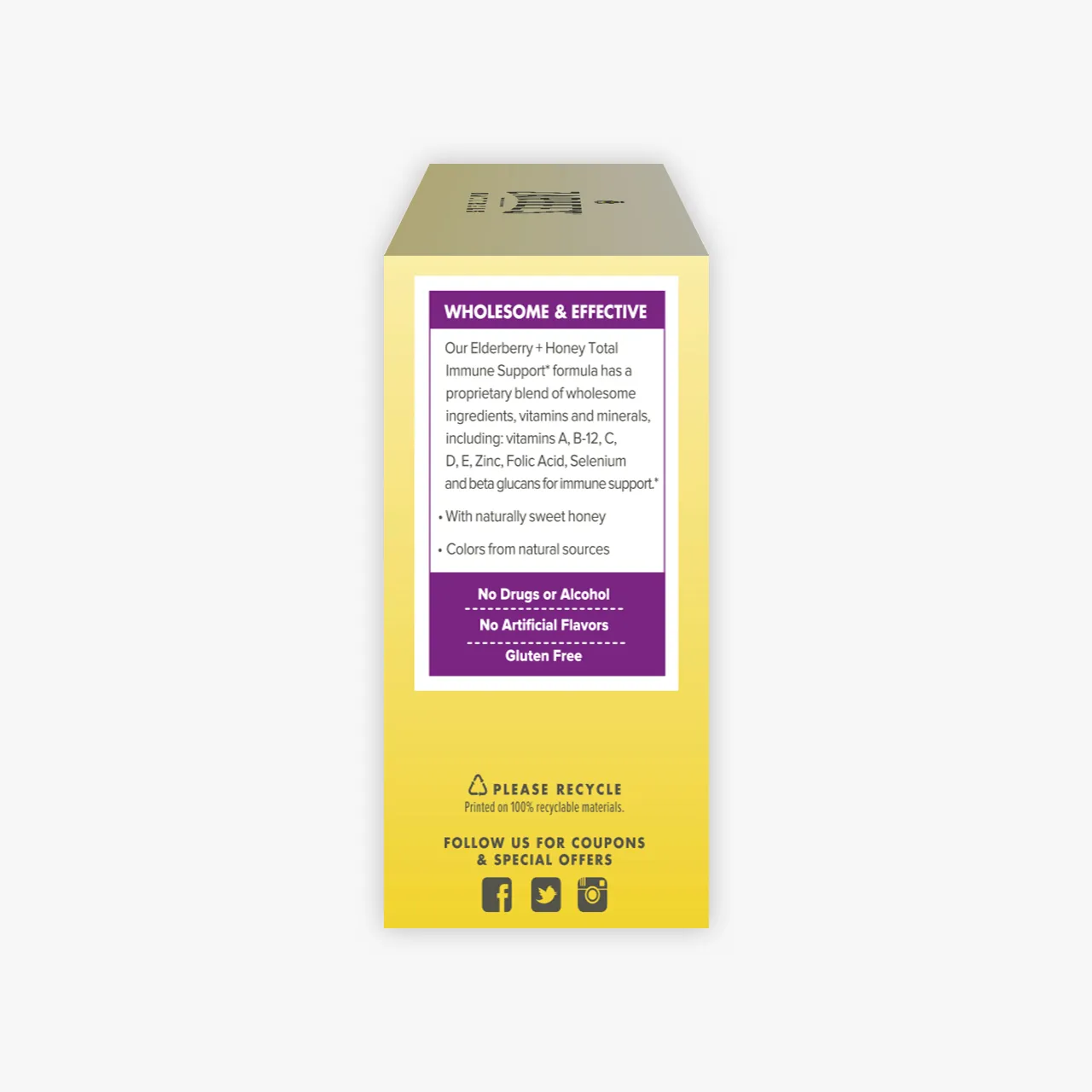 Side of Zarbee’s® Elderberry + Honey Total Immune Support* Chewable packaging shows product is safe & effective, including no drugs, alcohol, or gluten