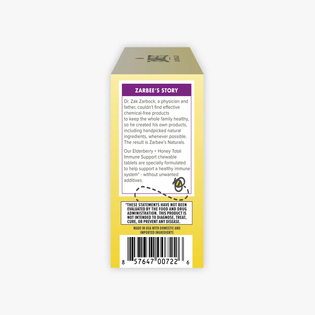Side of Zarbee’s® Elderberry + Honey Total Immune Support* Chewable packaging with Zarbee’s® story