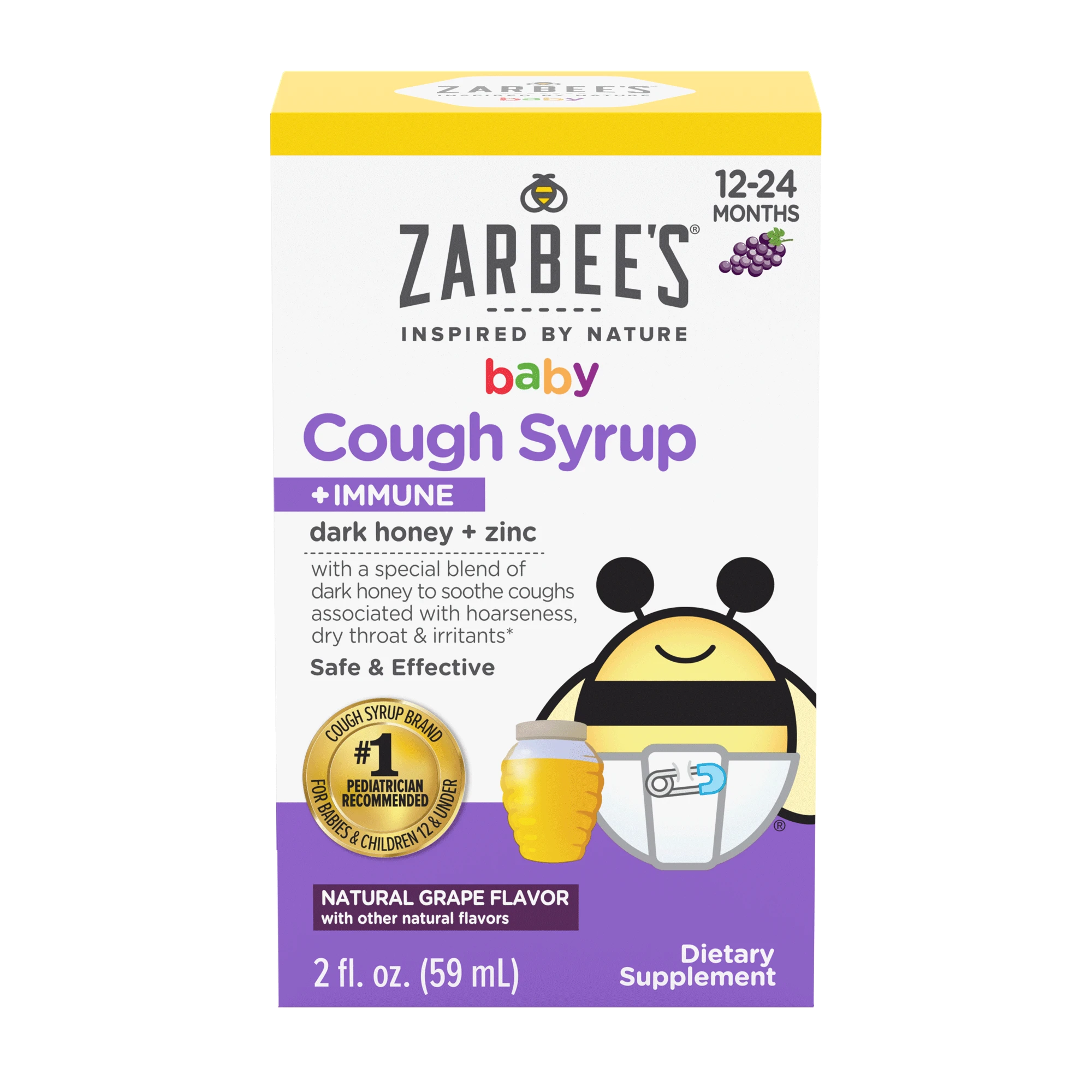Front packaging of Zarbee’s® Inspired by Nature Baby Cough Syrup + Immune in natural grape flavor