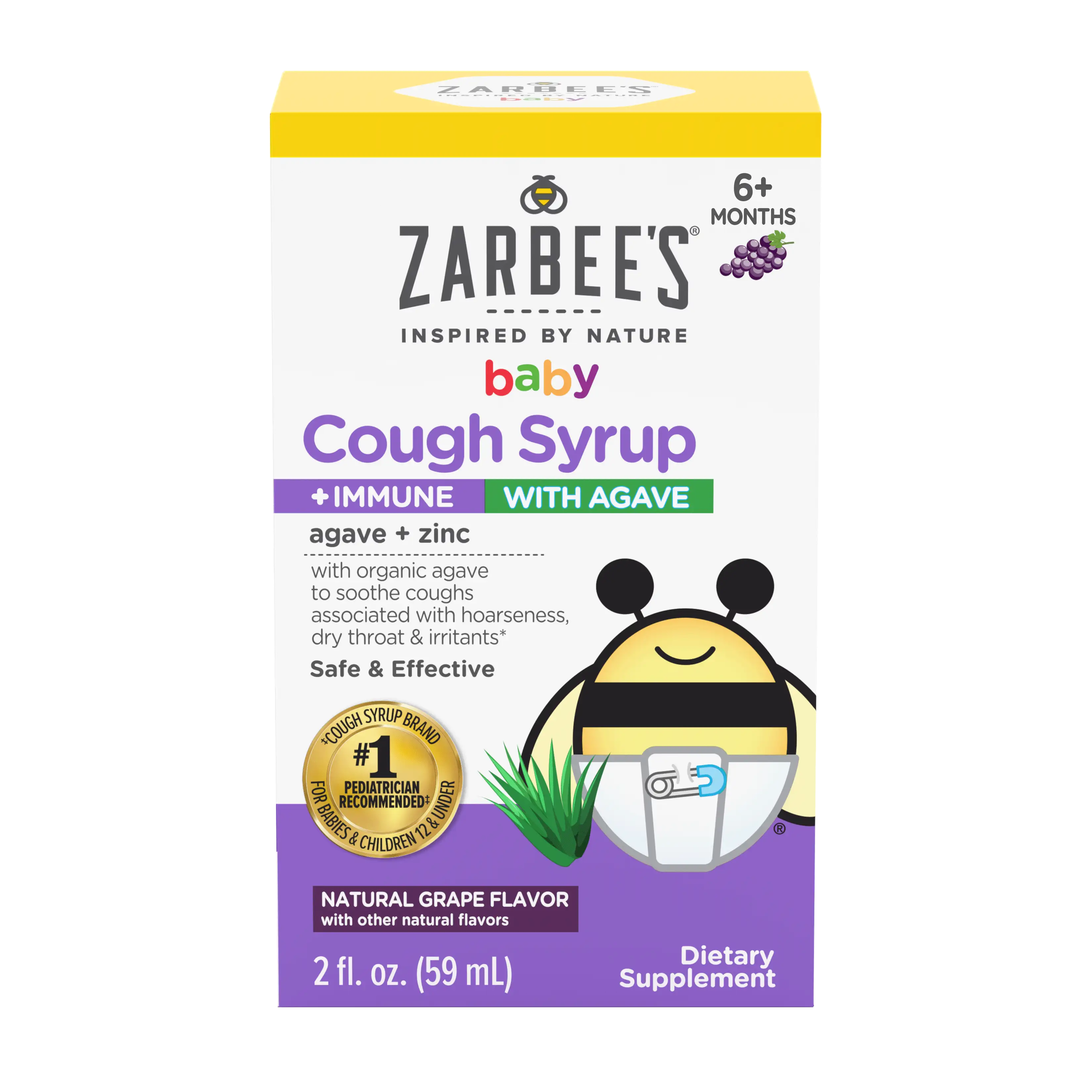 Front packaging of Zarbee’s® Inspired by Nature Baby Cough Syrup + Immune with Agave in natural grape flavor