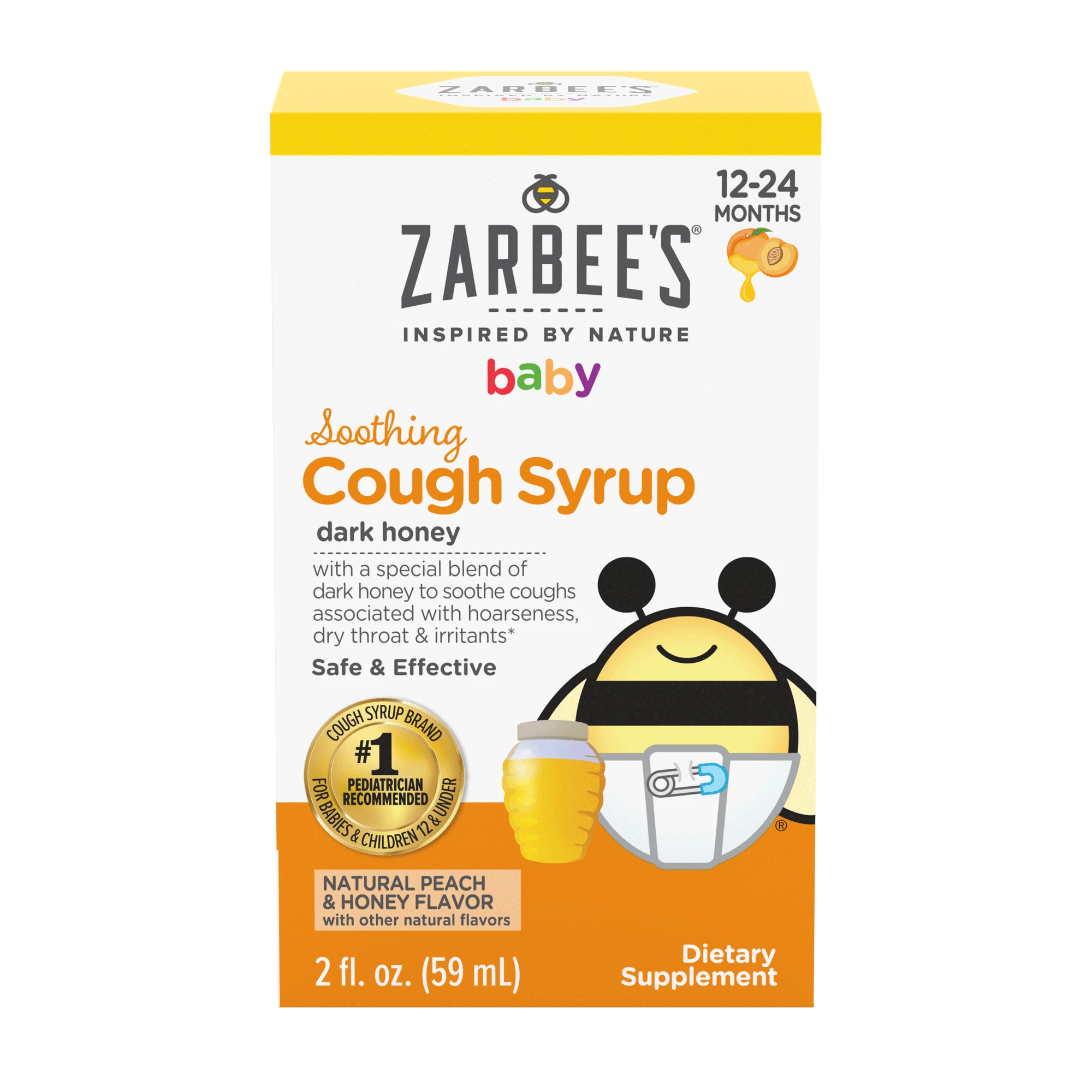 Front packaging of Zarbee’s® Inspired by Nature Soothing Cough Syrup in natural peach & honey flavor