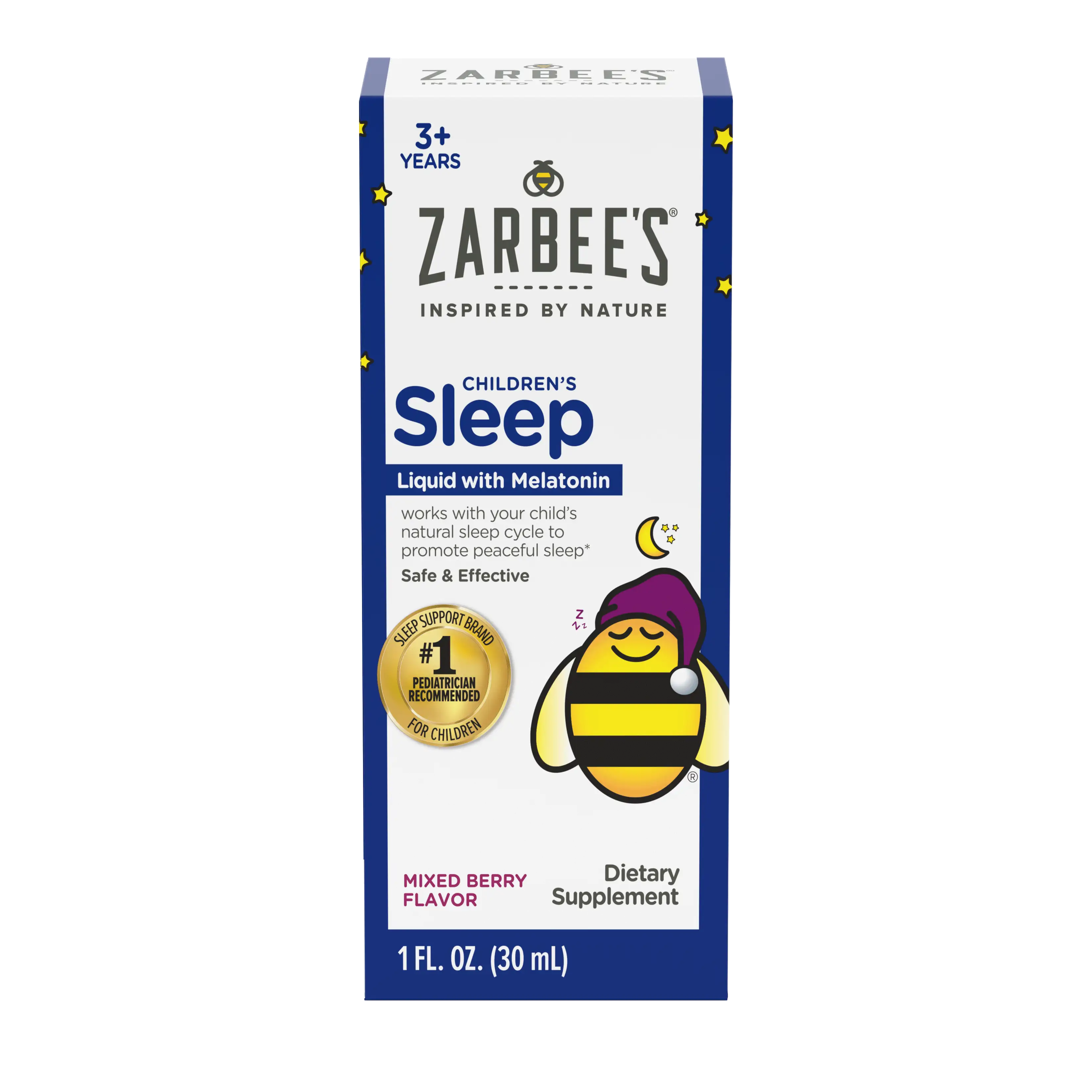 Front packaging of Zarbee’s® Children’s Sleep Liquid with Melatonin in natural mixed berry flavor