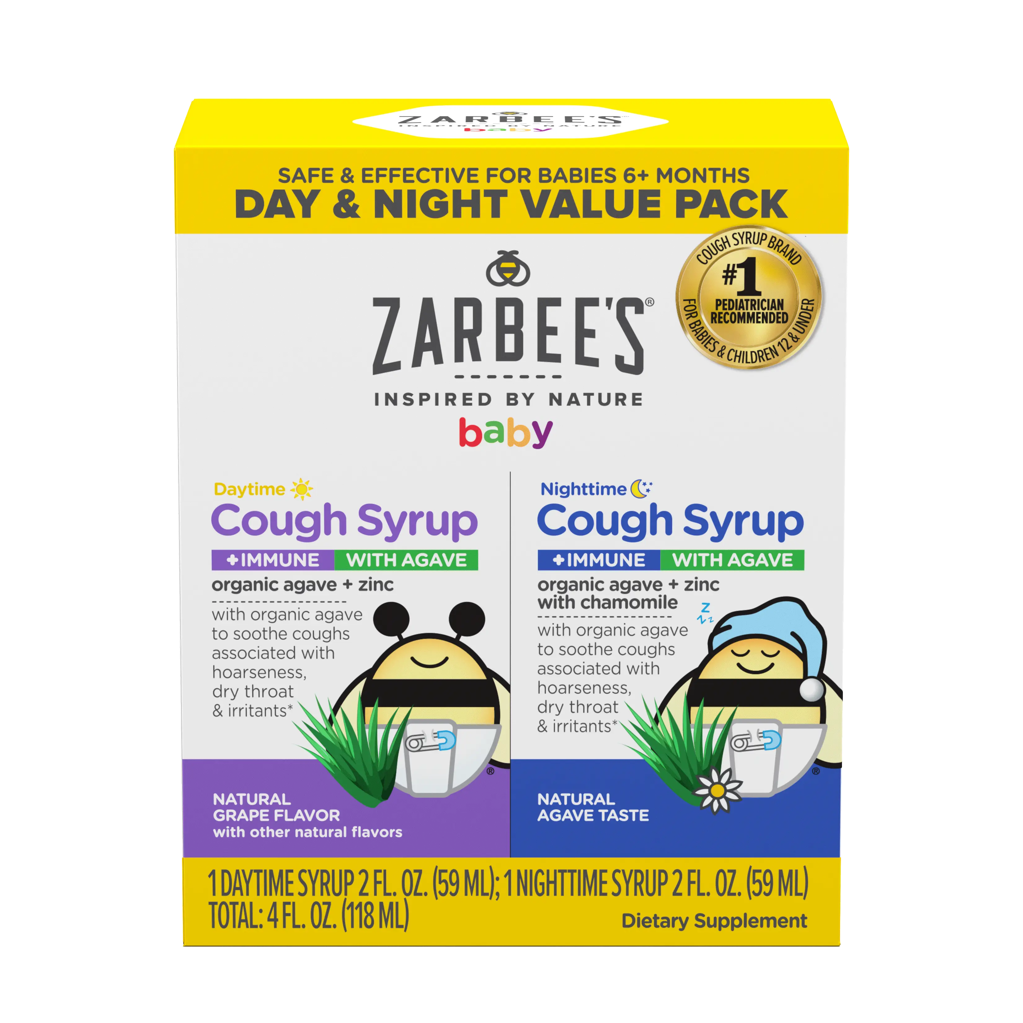 A rendering of the packaging for Zarbee's Baby Day + Night Cough Syrup + Immune with Agave Value Pack
