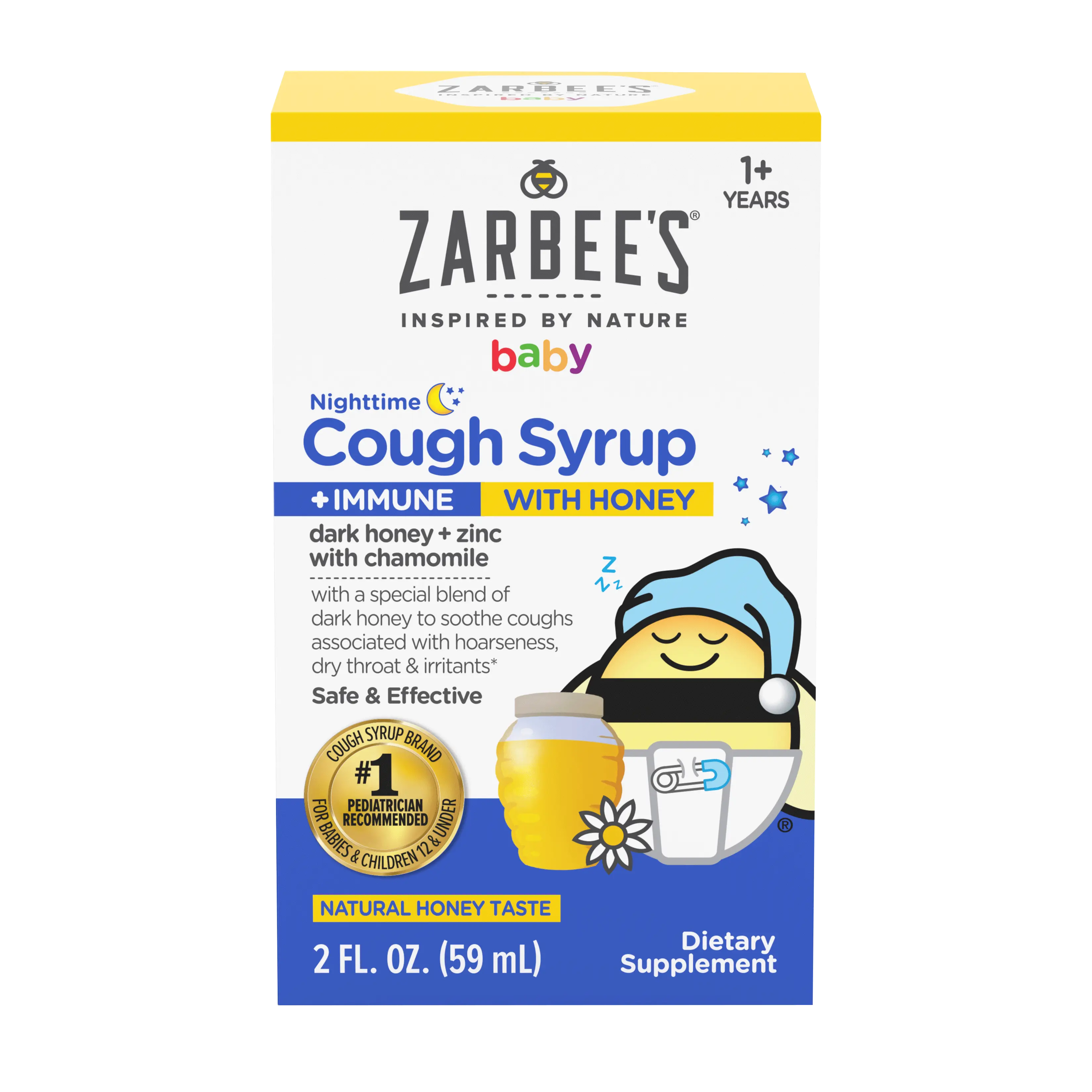 A rendering of the packaging for Zarbee's Baby Nighttime Cough Syrup + Immune with Honey