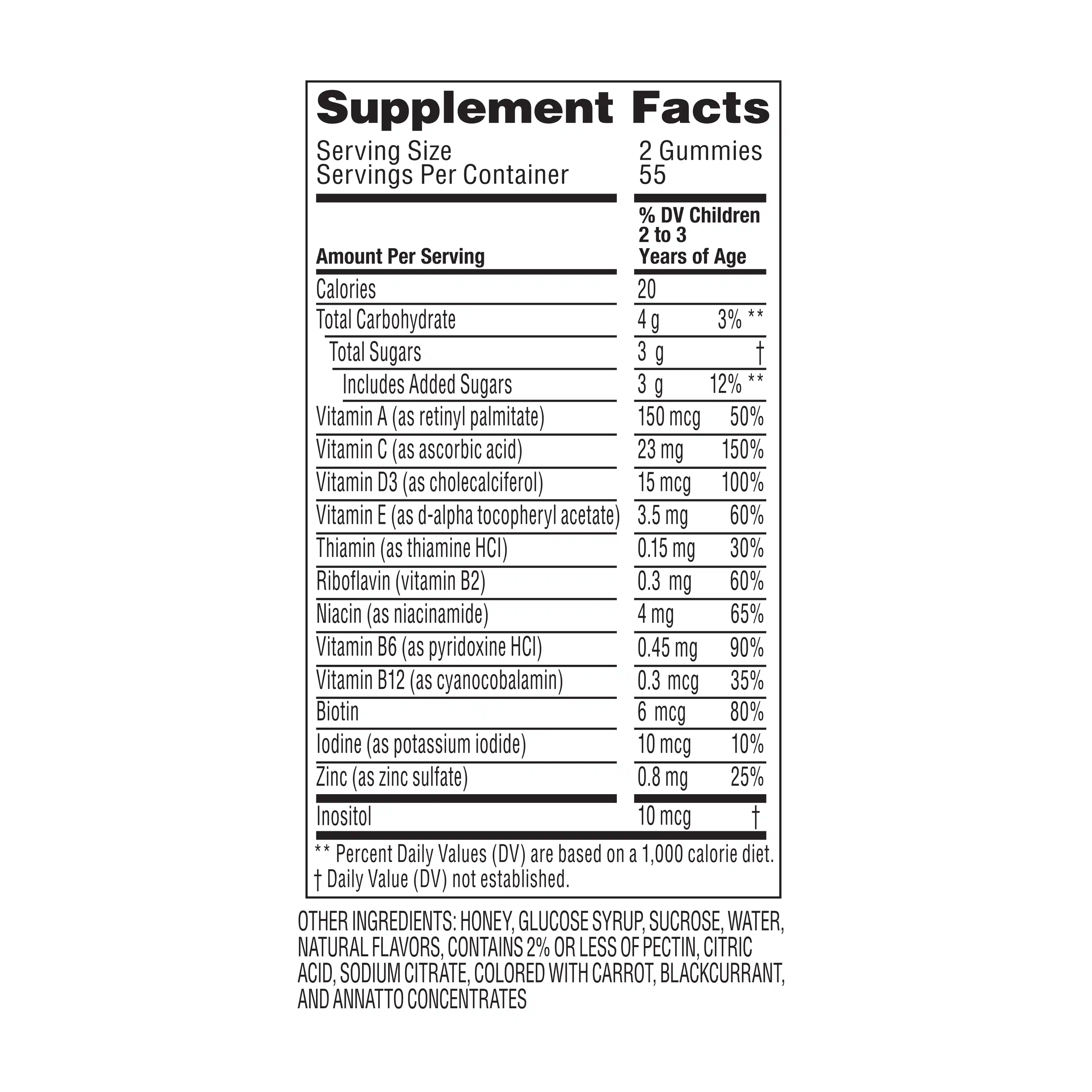 Zarbee’s® Complete Toddler Multivitamin Supplement Nutrition Label